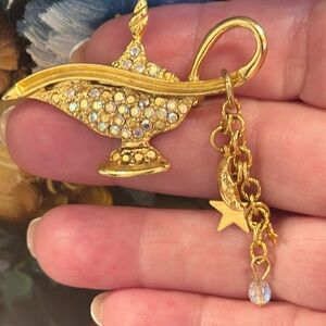 Kirk’s Folly Gold & Rhinestone Genie Lantern Charm Brooch - 2 1/8” x 2 1/8”
